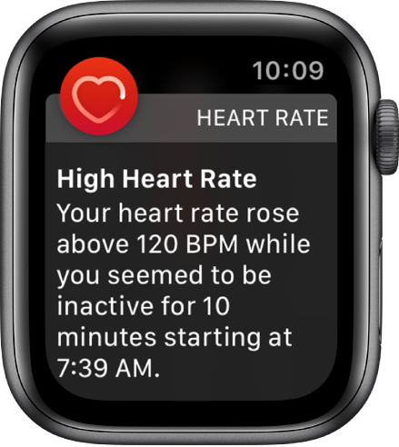 Programos „Heart Rate“ įspėjimas, nurodantis dažną širdies ritmą.