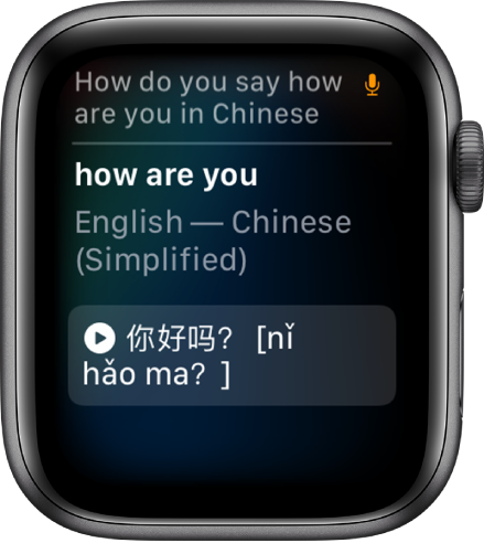 „Siri“ ekranas su žodžiais „How do you say ‘how are you’“ in Chinese“ viršuje. Vertimas į supaprastintąją kinų kalbą rodomas apačioje.