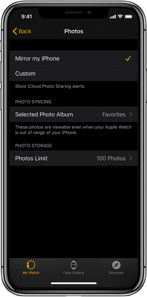 „Photos“ nustatymai „iPhone“ programoje „Apple Watch“: viduryje pateiktas nustatymas „Photo Syncing“, o po juo – nustatymas „Photos Limit“.