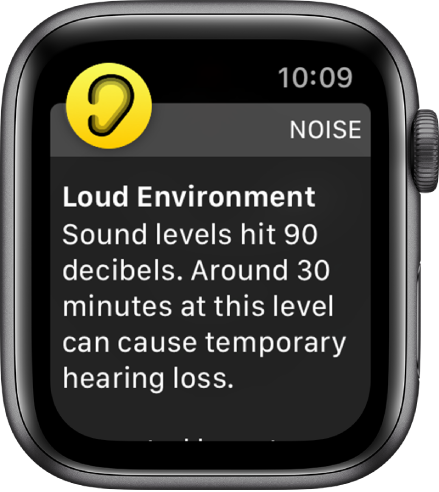 Rodomas programos „Noise“ pranešimas apie 90 decibelų garso lygį. Toliau rodomas įspėjimas dėl ilgalaikio tokio lygio triukšmo poveikio.