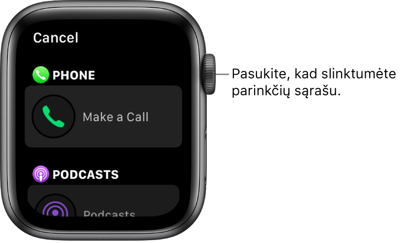 Laikrodžio ciferblato tinkinimo ekranas su pažymėtu valdikliu „Make a Call“. Pasukite „Digital Crown“, kad galėtumėte naršyti valdiklius.