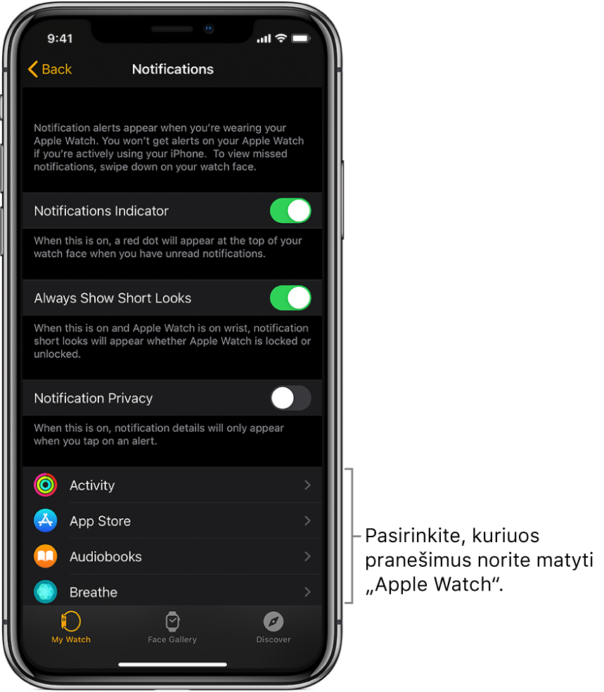 „iPhone“ programos „Apple Watch“ ekranas „Notifications“, kuriame rodomi pranešimų šaltiniai.