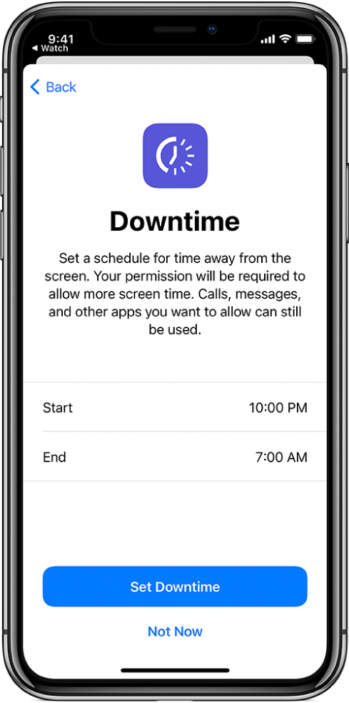 „iPhone“, kuriame rodomas „Downtime“ nustatymo ekranas. Ekrano centre pasirinkite pradžios ir pabaigos laiką. Mygtukai „Set Downtime“ ir „Not Now“ yra ekrano apačioje.