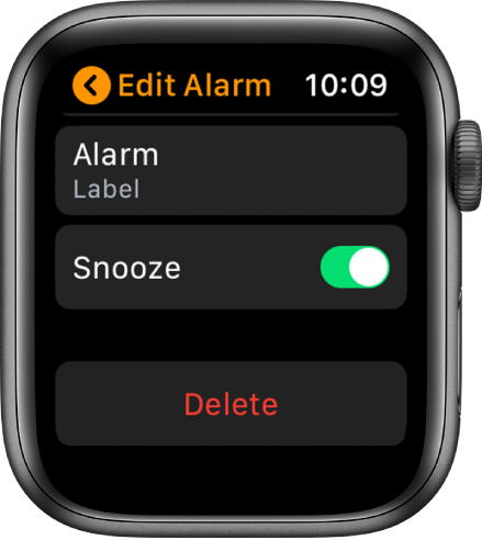 „Edit Alarm“ ekranas, kurio apačioje rodomas mygtukas „Delete“.