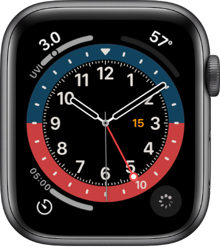 Laikrodžio ciferblatas „GMT“: galite keisti ciferblato spalvą. Rodomi keturi valdikliai: „UV Index“ valdiklis pateiktas viršuje kairėje, „Temperature“ valdiklis pateiktas viršuje dešinėje, „Timer“ valdiklis pateiktas apačioje kairėje, o „Cycle Tracking“ valdiklis – apačioje dešinėje.