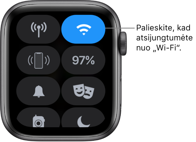 „Control Center“, rodomas „Apple Watch“ (palaikančiame GPS ir mobilųjį ryšį); „Wi-Fi“ mygtukas pateiktas viršuje dešinėje. Paaiškinimas nurodo: „Tap to disconnect from Wi-Fi.“