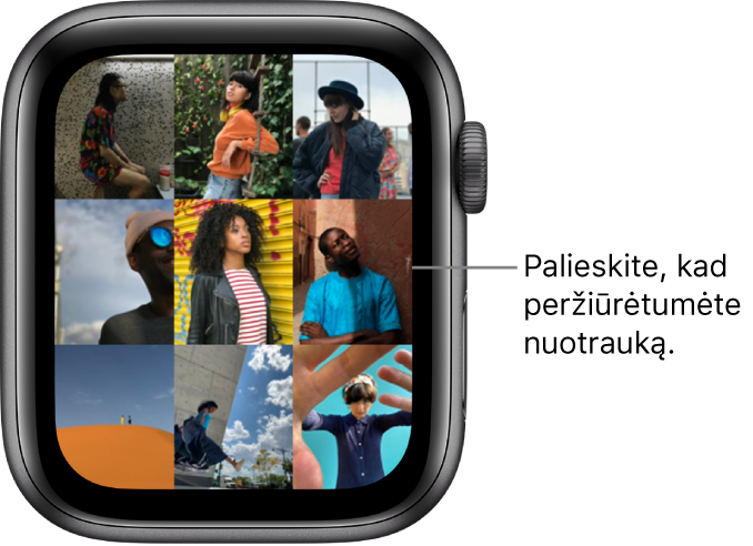 Pagrindinis „Apple Watch“ programos „Photos“ ekranas, kurio tinklelyje rodomos kelios nuotraukos.