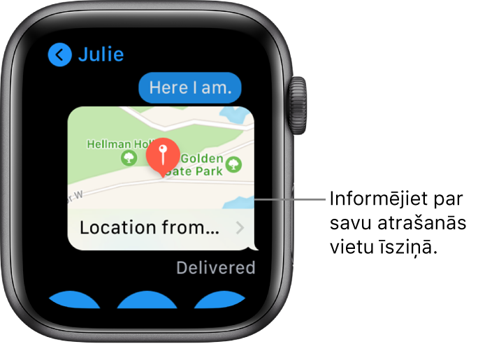 Messages ekrāns, kurā redzama karte ar sūtītāja atrašanās vietu.