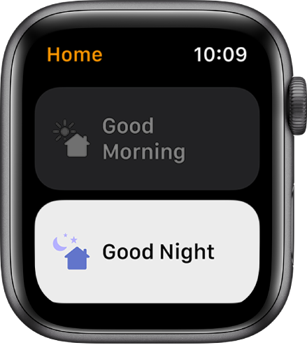 Apple Watch lietotne Home, kurā redzami divi scenāriji — Good Morning un Good Night. Good Night ir izcelts.