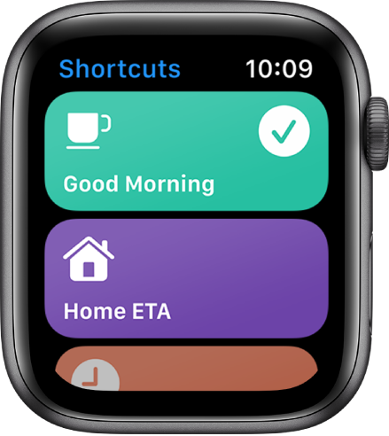 Ekrāns Shortcuts, kurā redzamas divas saīsnes — Good Morning un Home ETA.