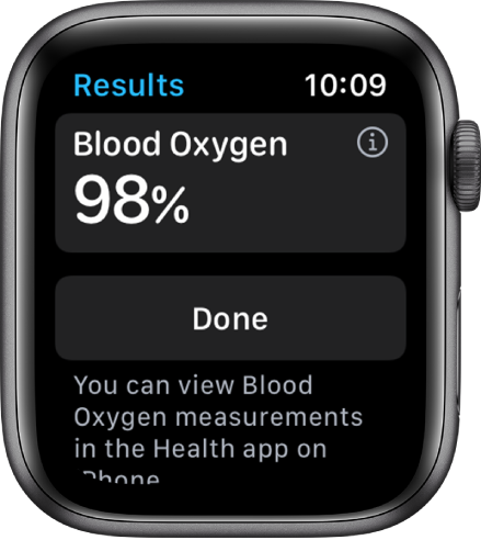 Lietotnes Blood Oxygen rezultātu ekrānā ir redzams skābekļa saturācijas līmenis asinīs 98 procenti. Apakšā ir poga Done.