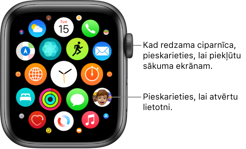 Apple Watch sākuma ekrāns režģa skatā; lietotnes ir izkārtotas klasterī. Lai atvērtu lietotni, pieskarieties tās ikonai. Velciet, lai redzētu vairāk lietotņu.