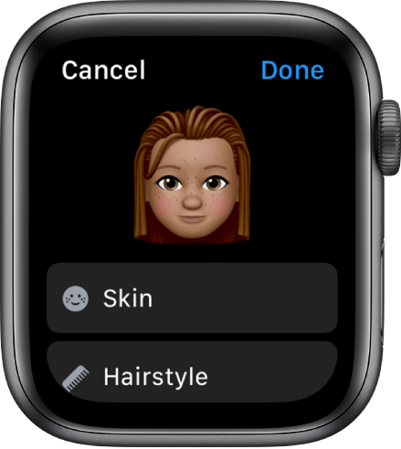 Memoji lietotne Apple Watch pulkstenī; ekrāna augšdaļā ir redzama seja, zemāk ir izvēles iespējas Skin un Hairstyle.