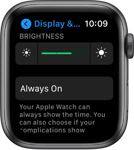 Spilgtuma iestatījumi Apple Watch pulkstenī ar slīdni Brightness augšā un pogu Always On apakšā.