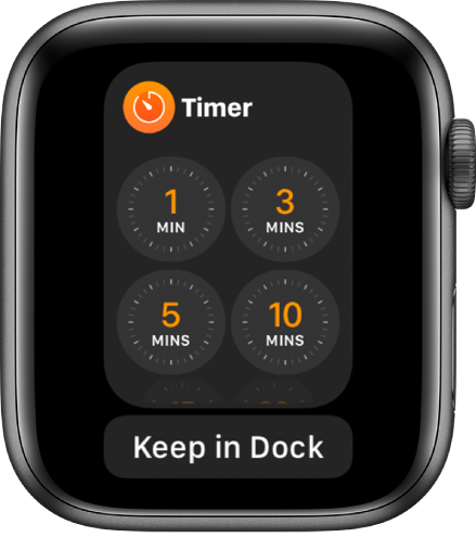 Lietotnes Timer ekrāns joslā Dock; zem lietotnes ikonas ir poga “Keep in Dock”.