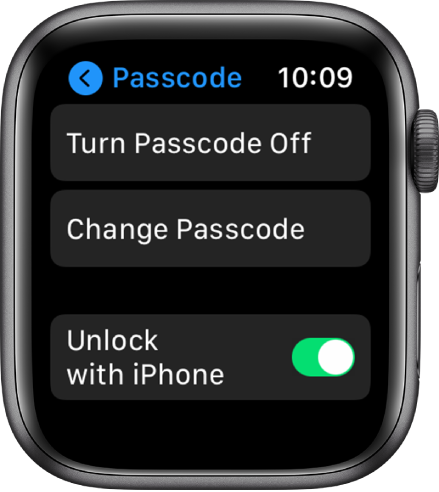 Apple Watch ekrāns ar piekļuves koda iestatījumiem. Ekrāna augšdaļā atrodas poga Turn Passcode Off, zem tās atrodas poga Change Passcode, bet apakšdaļā ir slēdzis Unlock with iPhone.