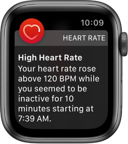 Lietotnes Heart Rate brīdinājums, kurā norādīts ātrs pulss.