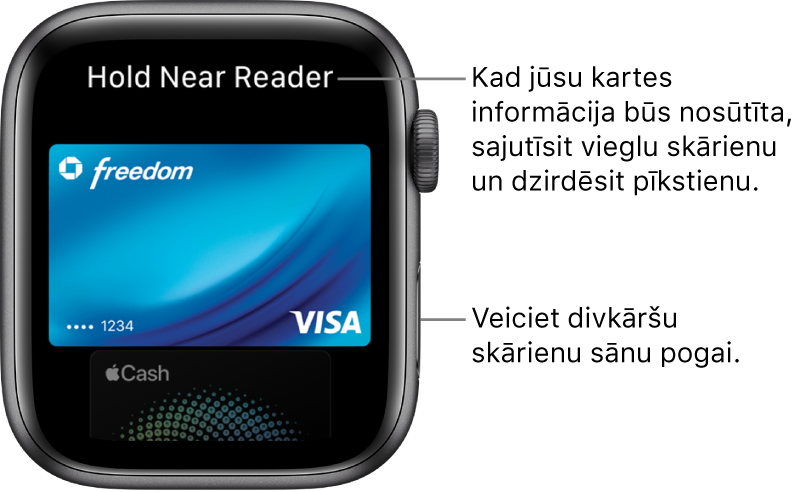 Apple Pay ekrāns ar uzrakstu “Hold Near Reader to Pay” augšdaļā; kad kartes informācija tiks nosūtīta, sajutīsit vieglu klikšķi uz plaukstas locītavas un dzirdēsit pīkstienu.