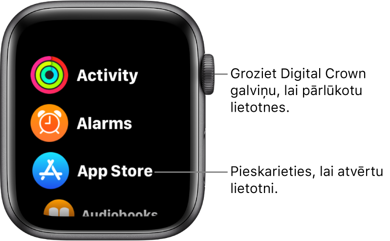 Apple Watch sākuma ekrāns saraksta skatā; lietotnes ir izkārtotas sarakstā. Lai atvērtu lietotni, pieskarieties tās ikonai. Ritiniet, lai redzētu vairāk lietotņu.