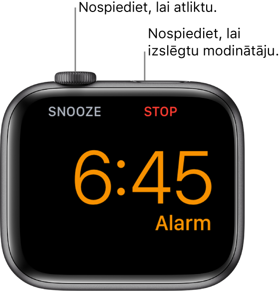 Uz sāniem novietots Apple Watch pulkstenis, tā ekrānā ir redzams, ka tiek atskaņots modinātājs. Zem Digital Crown galviņas ir vārds “Snooze”. Zem sānu pogas ir teksts “Stop”.