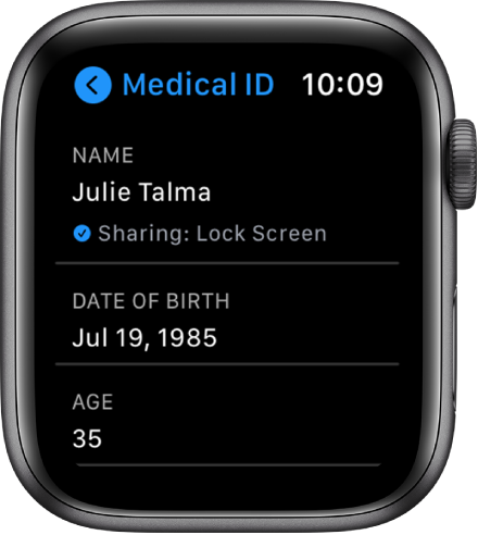 Ekrāns Medical ID, kurā redzams lietotāja vārds un vecums.