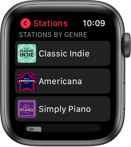 Lietotnes Radio ekrāns, kurā redzamas trīs Apple Music radio žanru stacijas.