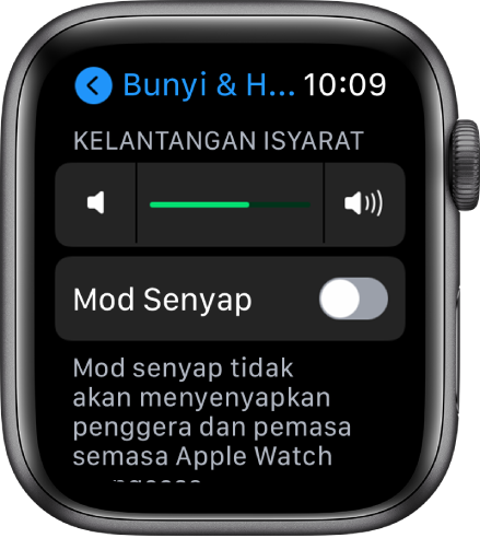 Seting Bunyi & Haptik pada Apple Watch, dengan gelangsar Kelantangan Isyarat di bahagian atas dan butang Mod Senyap di bawahnya.