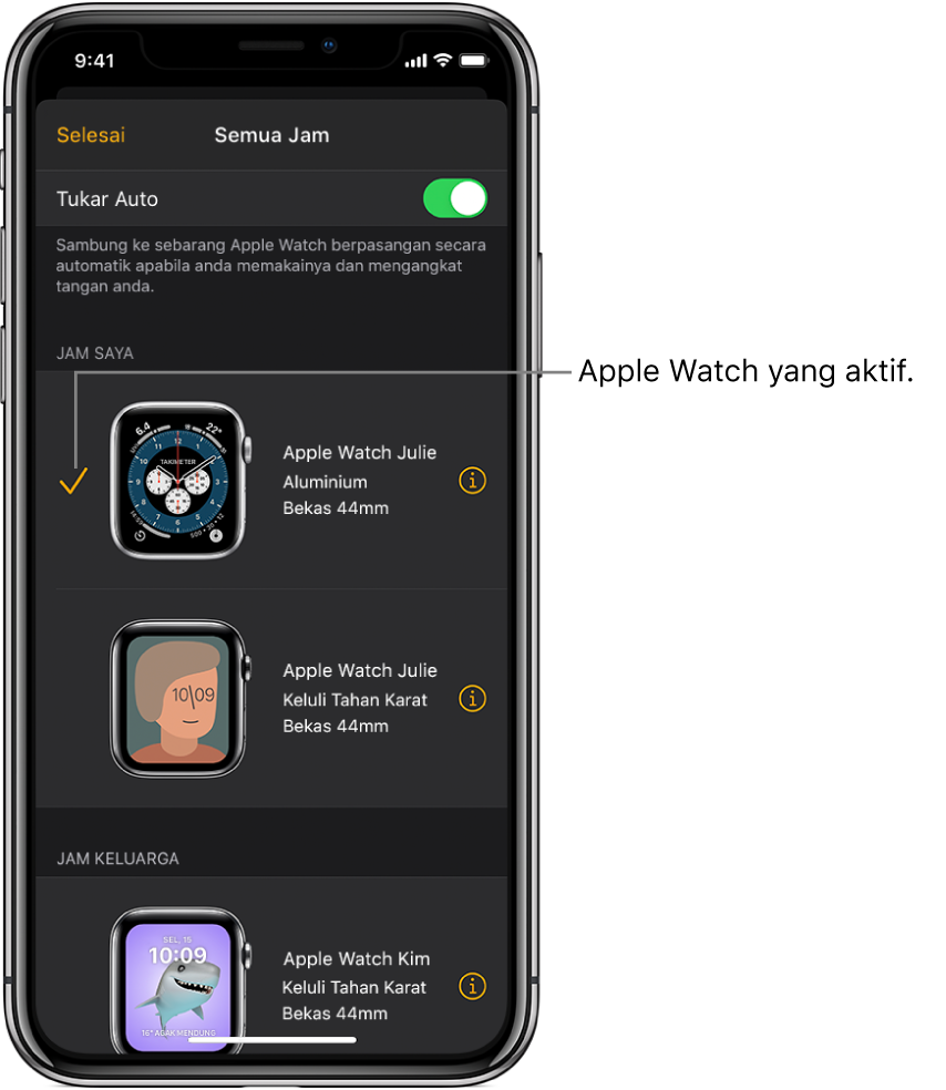 Dalam skrin Semua Jam pada app Apple Watch, tanda semak menunjukkan Apple Watch yang aktif.
