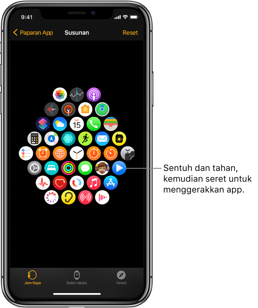 Skrin Susunan dalam app Apple Watch menunjukkan grid ikon.