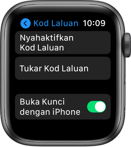 Seting kod laluan pada Apple Watch, dengan butang Nyahaktifkan Kod Laluan di bahagian atas, butang Tukar Kod Laluan di bawahnya dan suis Buka Kunci dengan iPhone di bahagian bawah.