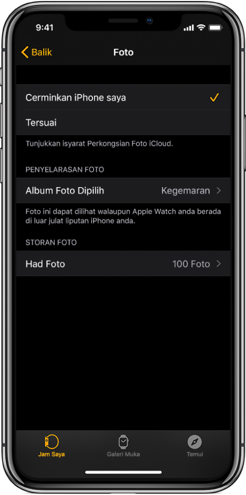 Seting foto dalam app Apple Watch pada iPhone, dengan seting Penyelarasan Foto di bahagian tengah dan seting Had Foto di bawahnya.