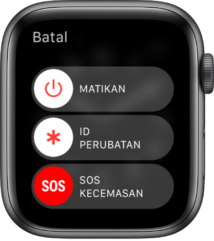 Skrin Apple Watch menunjukkan tiga gelangsar: Matikan Kuasa, ID Perubatan dan SOS Kecemasan. Seret gelangsar Matikan untuk nyahaktifkan Apple Watch