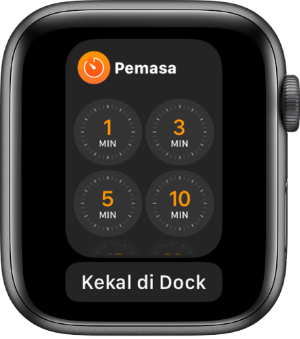 Skrin app Pemasa di Dock, dengan butang Kekal di Dok di bawah.