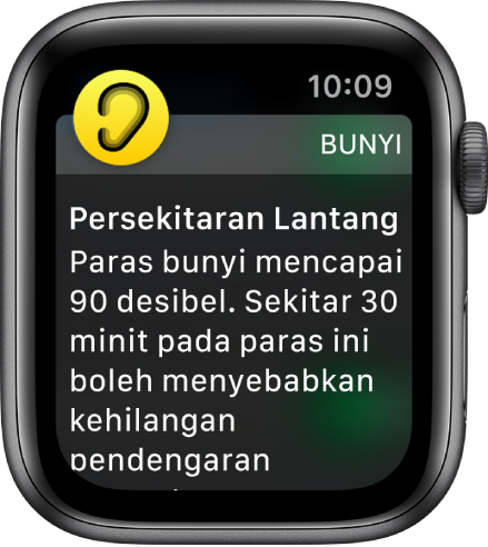 Apple Watch menunjukkan pemberitahuan Bunyi. Ikon untuk app yang berkaitan pemberitahuan kelihatan di bahagian kiri atas. Anda boleh ketiknya untuk membuka app tersebut.