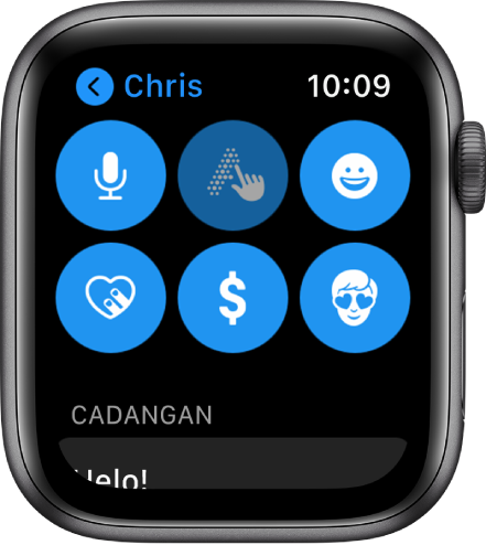 Skrin Mesej menunjukkan butang Apple Pay bersama butang Rencana, Coretan, Emoji, Digital Touch dan Memoji.