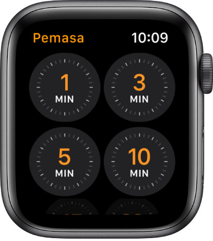 Skrin app Pemasa, menunjukkan pemasa cepat untuk 1. 3. 5. atau 10 minit.