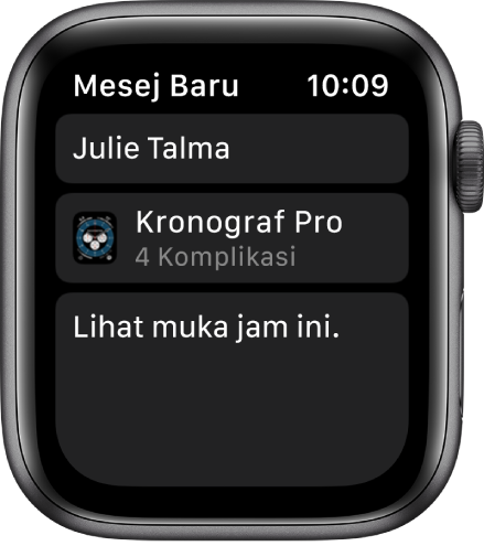 Skrin Apple Watch menunjukkan mesej perkongsian muka jam dengan nama penerima di bahagian atas, nama muka jam di bahagian bawah dan di bawahnya mesej yang menyatakan “Lihat muka jam ini”.