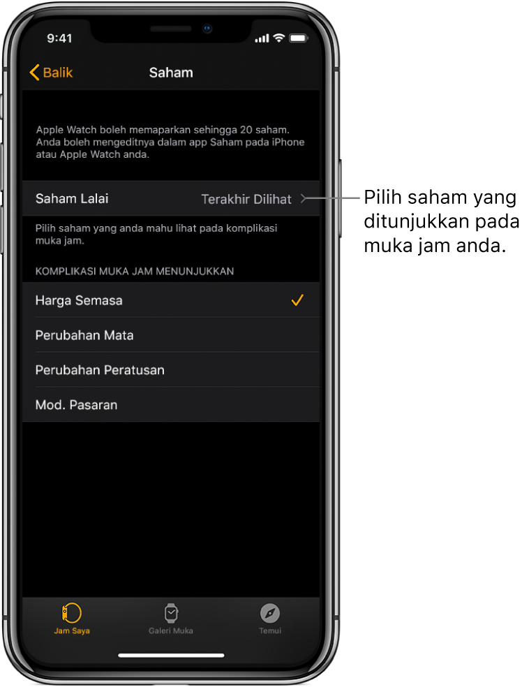 Skrin seting Saham dalam app Apple Watch pada iPhone, menunjukkan pilihan untuk memilih Saham Lalai, yang disetkan ke Terakhir Dilihat.