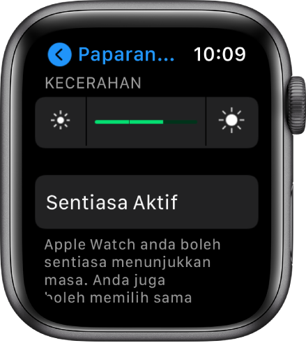 Seting kecerahan pada Apple Watch, dengan gelangsar Kecerahan di bahagian atas dan butang Sentiasa Aktif di bahagian bawah.