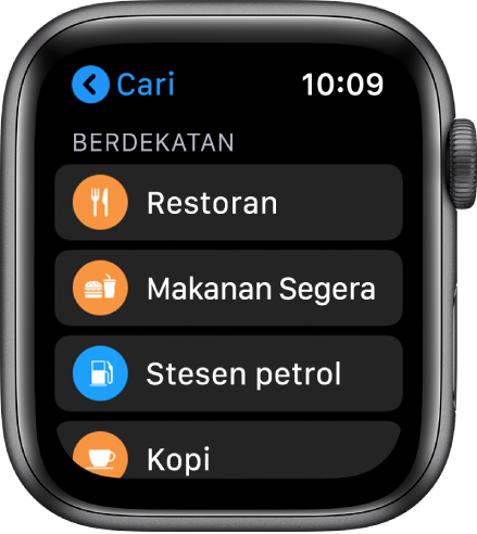 App Peta menunjukkan senarai kategori: Restoran, Makanan Segera, Stesen Minyak, Kopi dan banyak lagi.