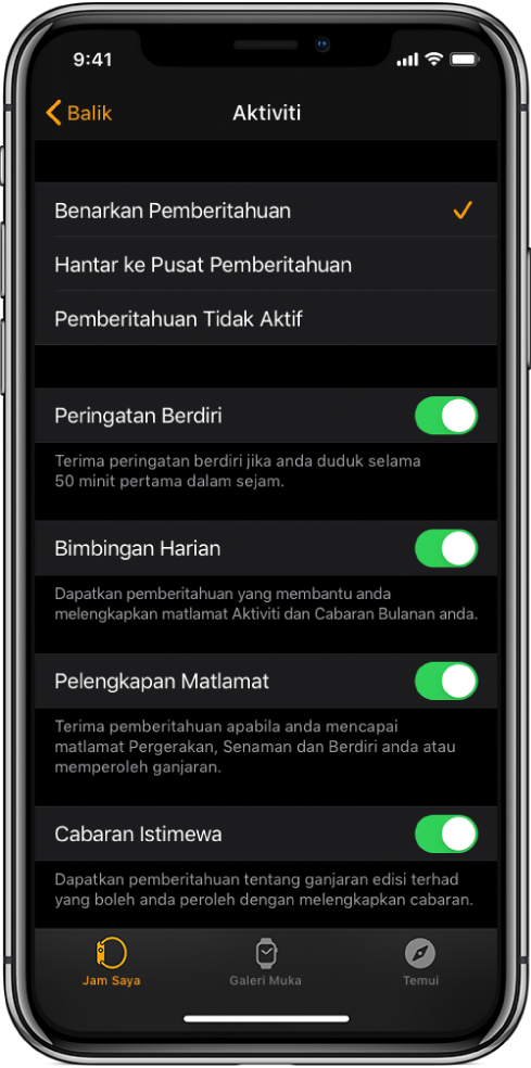 Skrin Aktiviti dalam app Apple Watch, di mana anda boleh sesuaikan pemberitahuan yang anda ingin dapatkan.