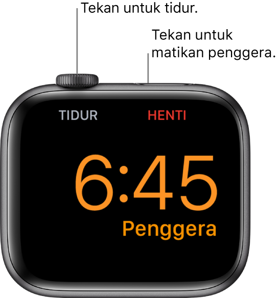 Apple Watch diletakkan pada sisinya, dengan skrin menunjukkan penggera yang sudah berbunyi. Di bawah Digital Crown ialah perkataan “Tidur.” Perkataan “Henti" di bawah butang sisi.