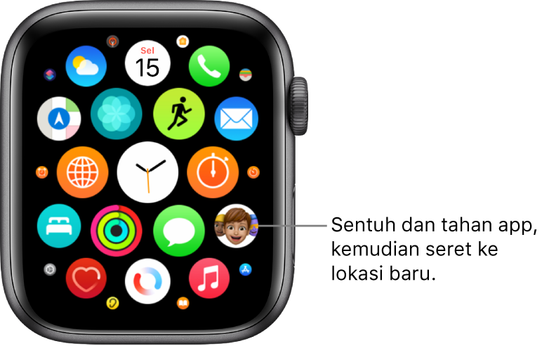 Skrin Utama Apple Watch dalam paparan grid.