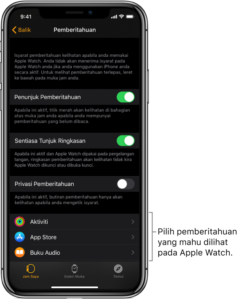 Skrin Pemberitahuan dalam app Apple Watch pada iPhone, menunjukkan sumber pemberitahuan.