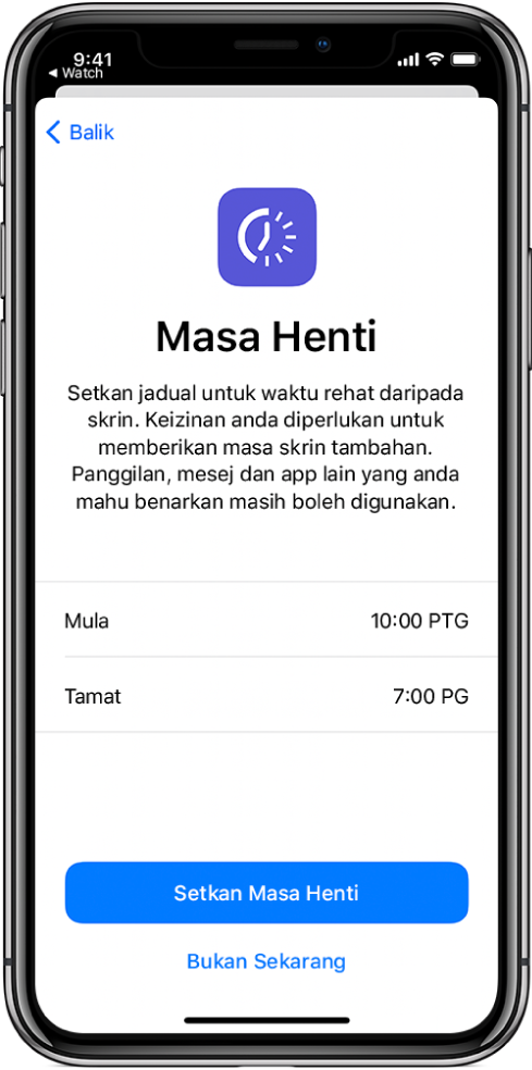 iPhone menunjukkan skrin persediaan Masa Henti. Pilih masa mula dan tamat di tengah skrin. Butang Setkan Masa Henti dan Bukan Sekarang berada di bahagian bawah skrin.