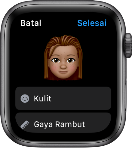 App Memoji pada Apple Watch menunjukkan muka berhampiran bahagian atas dan pilihan Kulit serta Gaya Rambut di bawah.