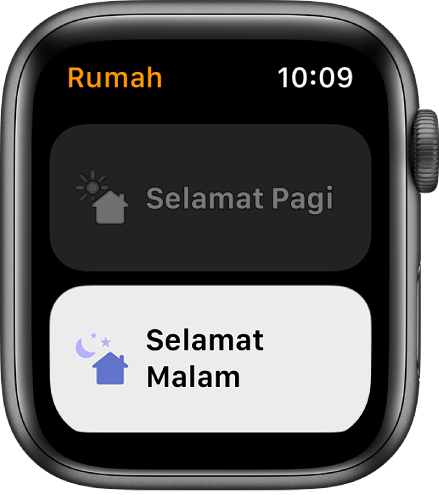 App Rumah pada Apple Watch menunjukkan dua suasana—Selamat Pagi dan Selamat Malam. Selamat Malam diserlahkan.