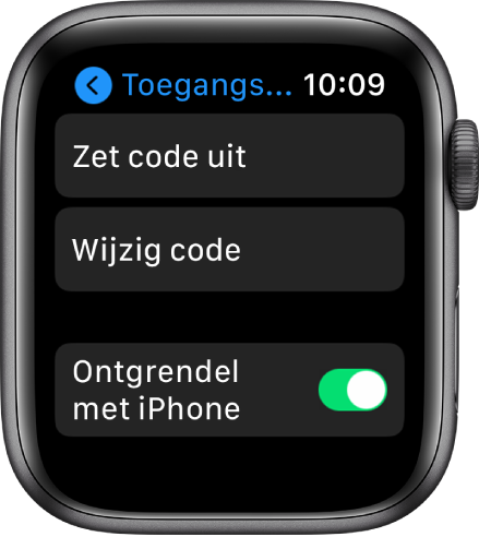 Instellingen voor de toegangscode op de Apple Watch, met bovenin de knop 'Zet code uit', daaronder de knop 'Wijzig code' en onderin de schakelaar 'Ontgrendel met iPhone'.