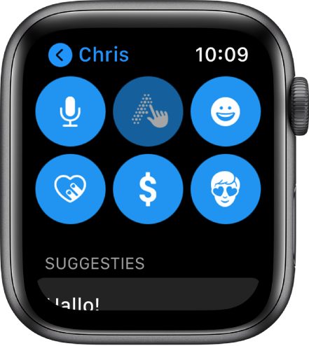 Een Berichten-scherm met de Apple Pay-knop, de dicteerknop, de schrijfknop, de emojiknop, de Digital Touch-knop en de memojiknop.