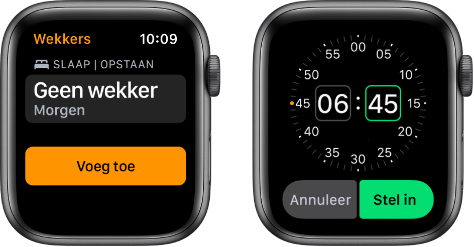 Twee Apple Watch-schermen waarin te zien is hoe je een wekker instelt: Tik op 'Nieuwe wekker', tik op 'a.m.' of 'p.m.' (indien aanwezig), draai de Digital Crown om het tijdstip aan te passen en tik op 'Stel in'.